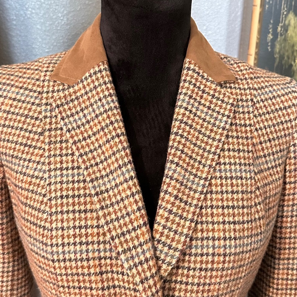 Talbots Petites Wool Blend Houndstooth Blazer 2P Elbow Patch Jacket Preppy - Picture 2 of 7